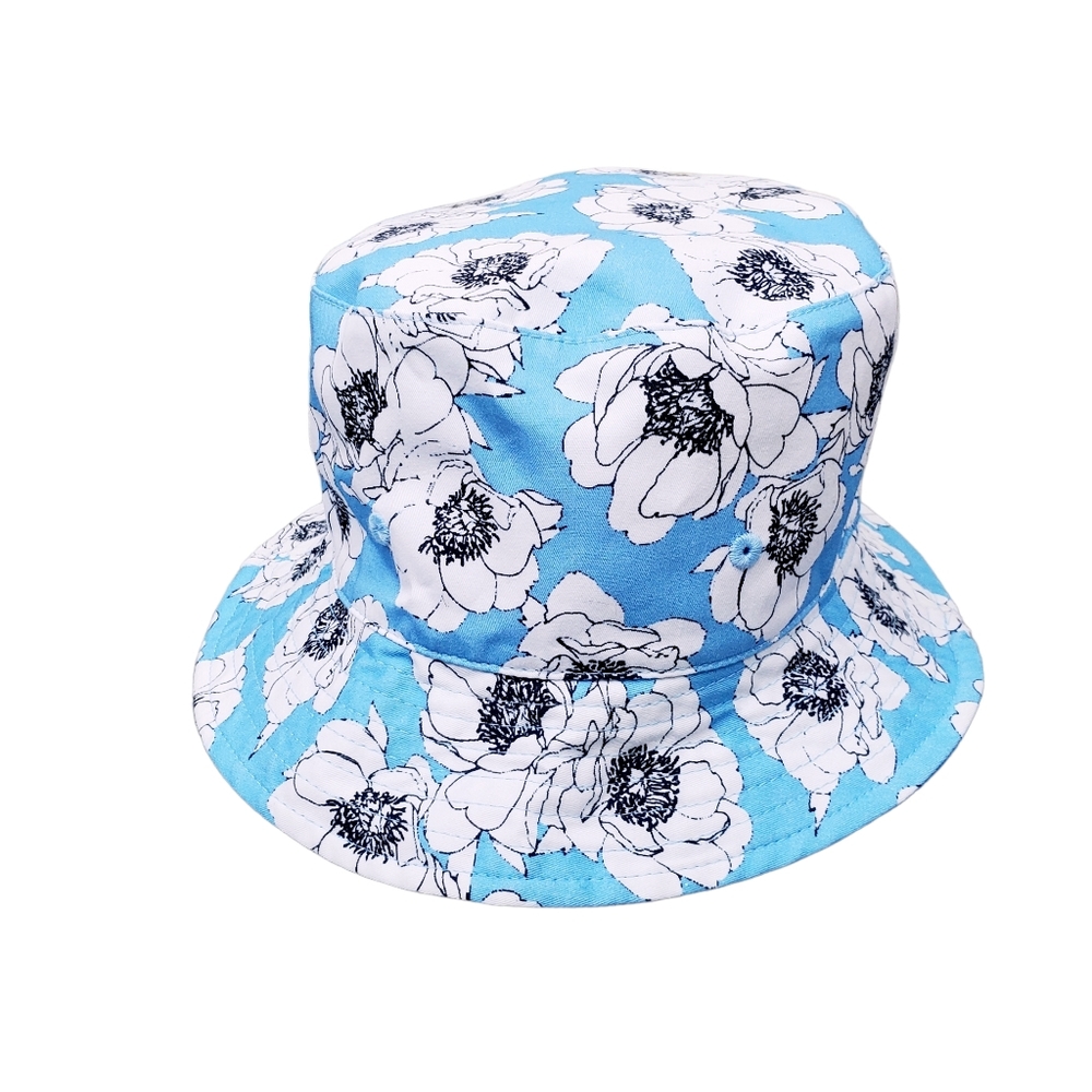 Steve Madden Sky Blue White Floral Print Reversible Bucket Hat Size OS - Picture 2 of 8